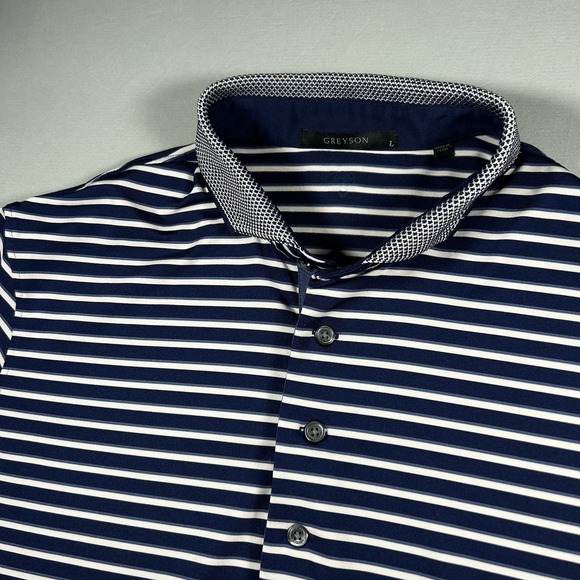 Greyson Other - Greyson Polo Shirt Mens Large Navy White Striped Golf Knit Collar Stretch Wolf